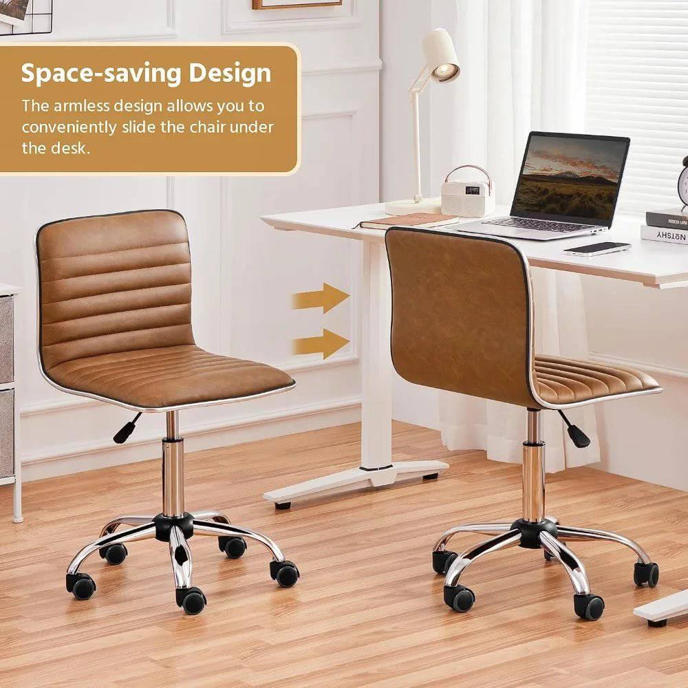PU Leather Swivel Armless Task Chair with Ribbed Design and Wheels - Platinum-Level Office Chairs
