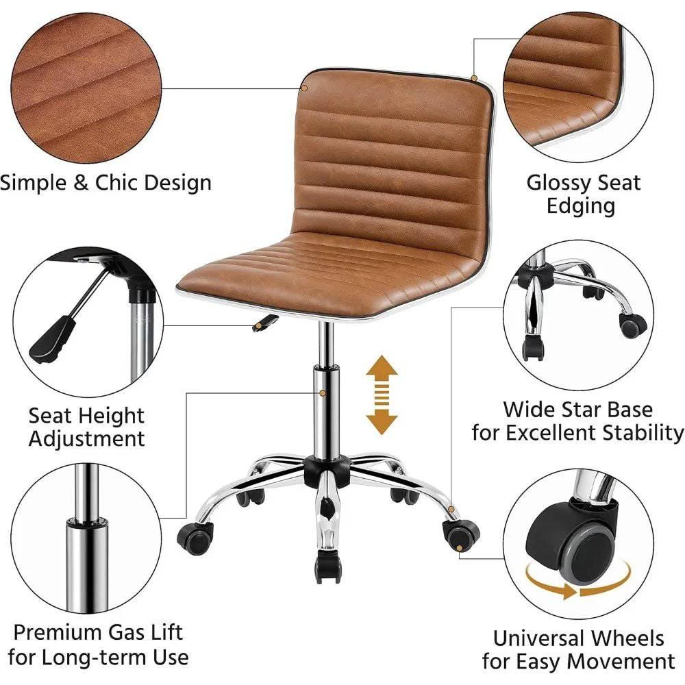 PU Leather Swivel Armless Task Chair with Ribbed Design and Wheels - Platinum-Level Office Chairs