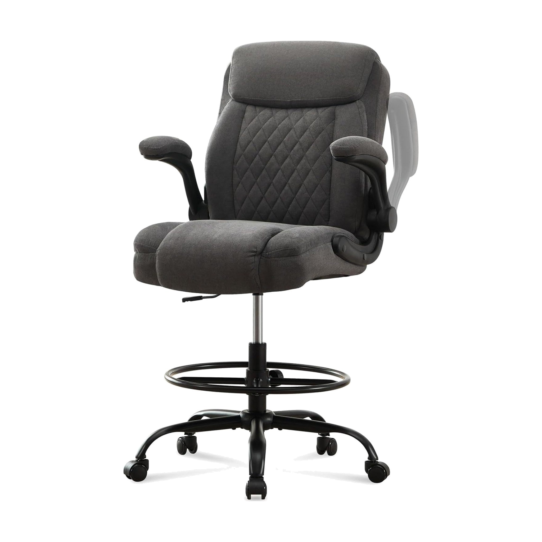 Gray ergonomic drafting chair for standing desks with flip-up arms and adjustable foot ring