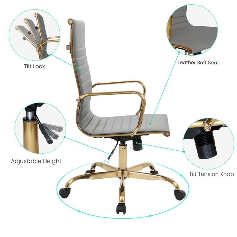 17 PCS Harris Modern High-Back Leather Upholstered Office Chair with Tilt & Swivel for Home Office - Grey