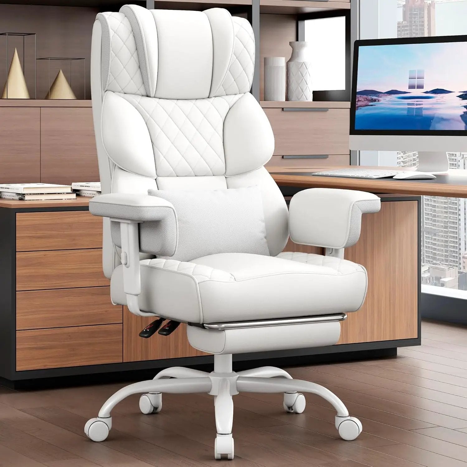 Vonesse big and tall office chair with ivory white PU leather, ergonomic high back, adjustable armrests, lumbar support, and footrest.