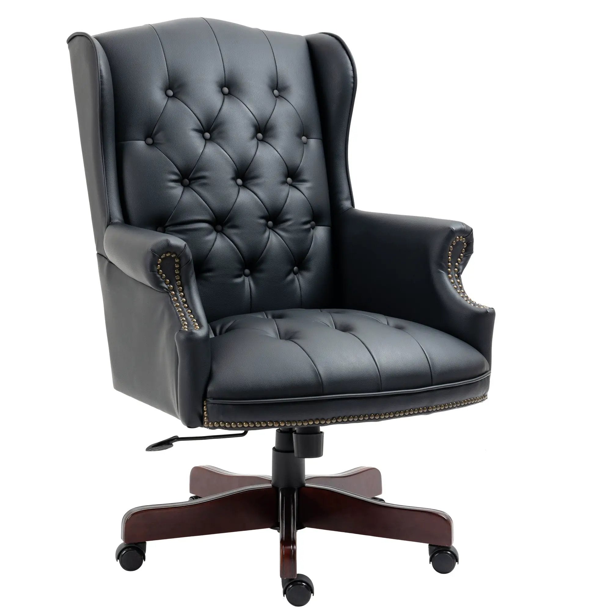Executive office chair in black PU leather with tufted back, thick padded seat, nailhead trim, and wood five-spoke base
