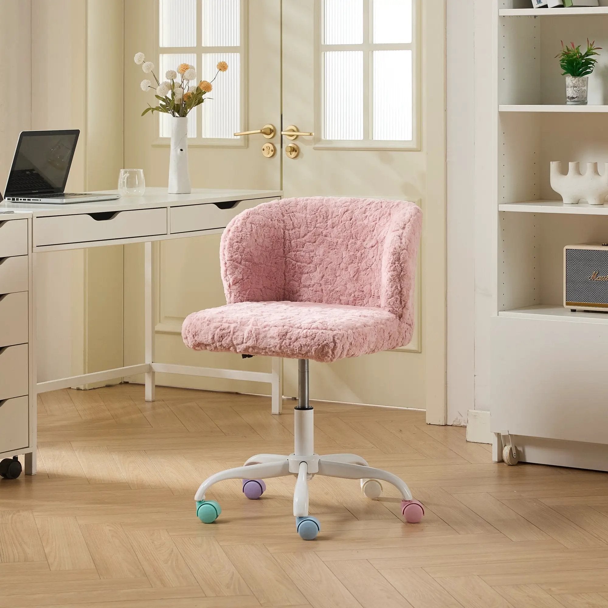 Pink Faux Fur Office Chair - Adjustable Swivel & Comfy