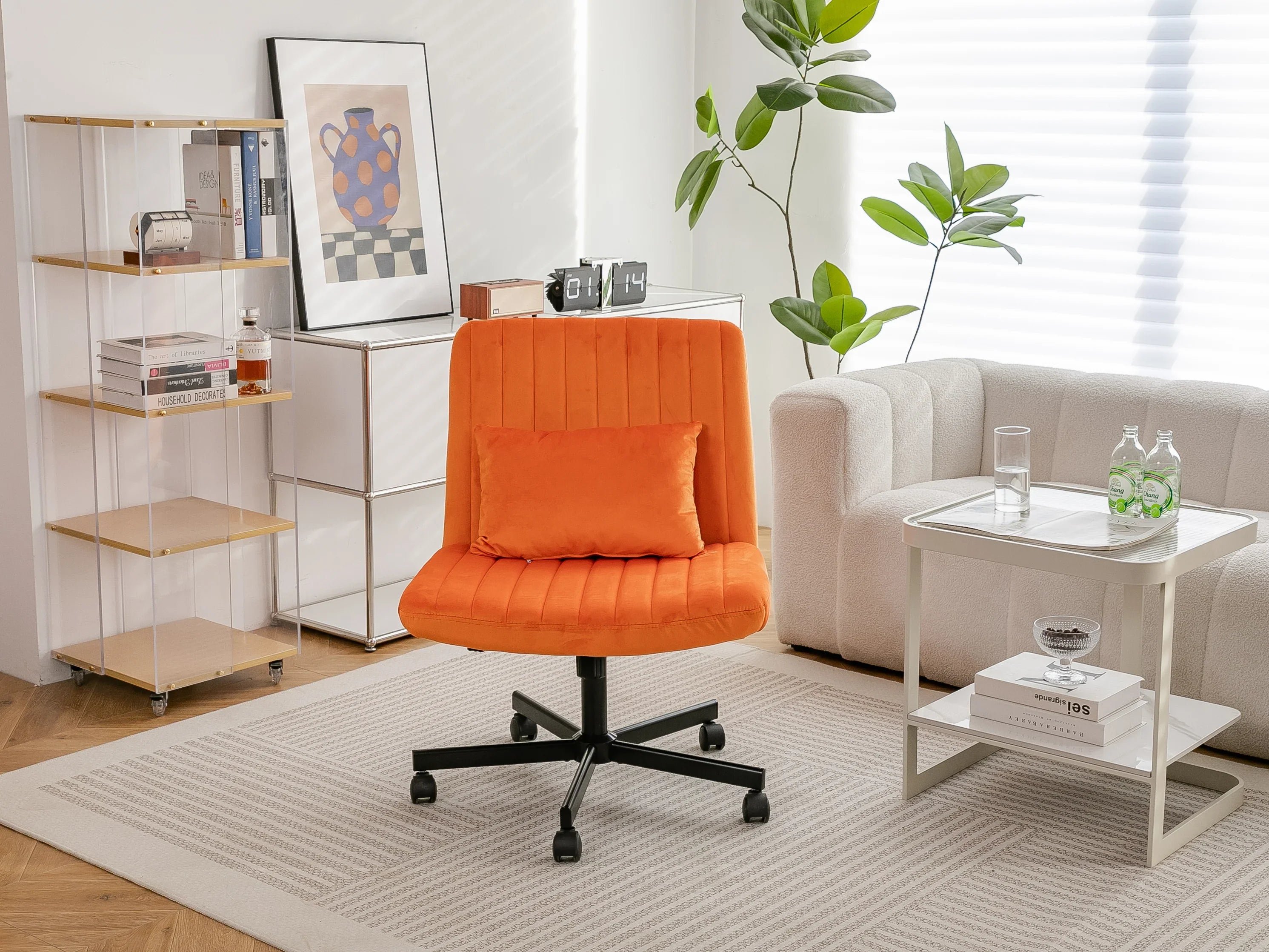 Orange Velvet Criss Cross Armless Office Chair With Wheels