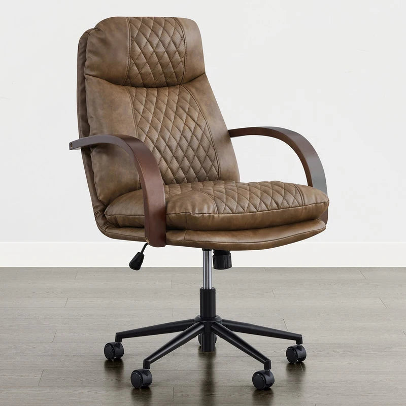 Upholstered Swivel Office Chair with Wood Arms