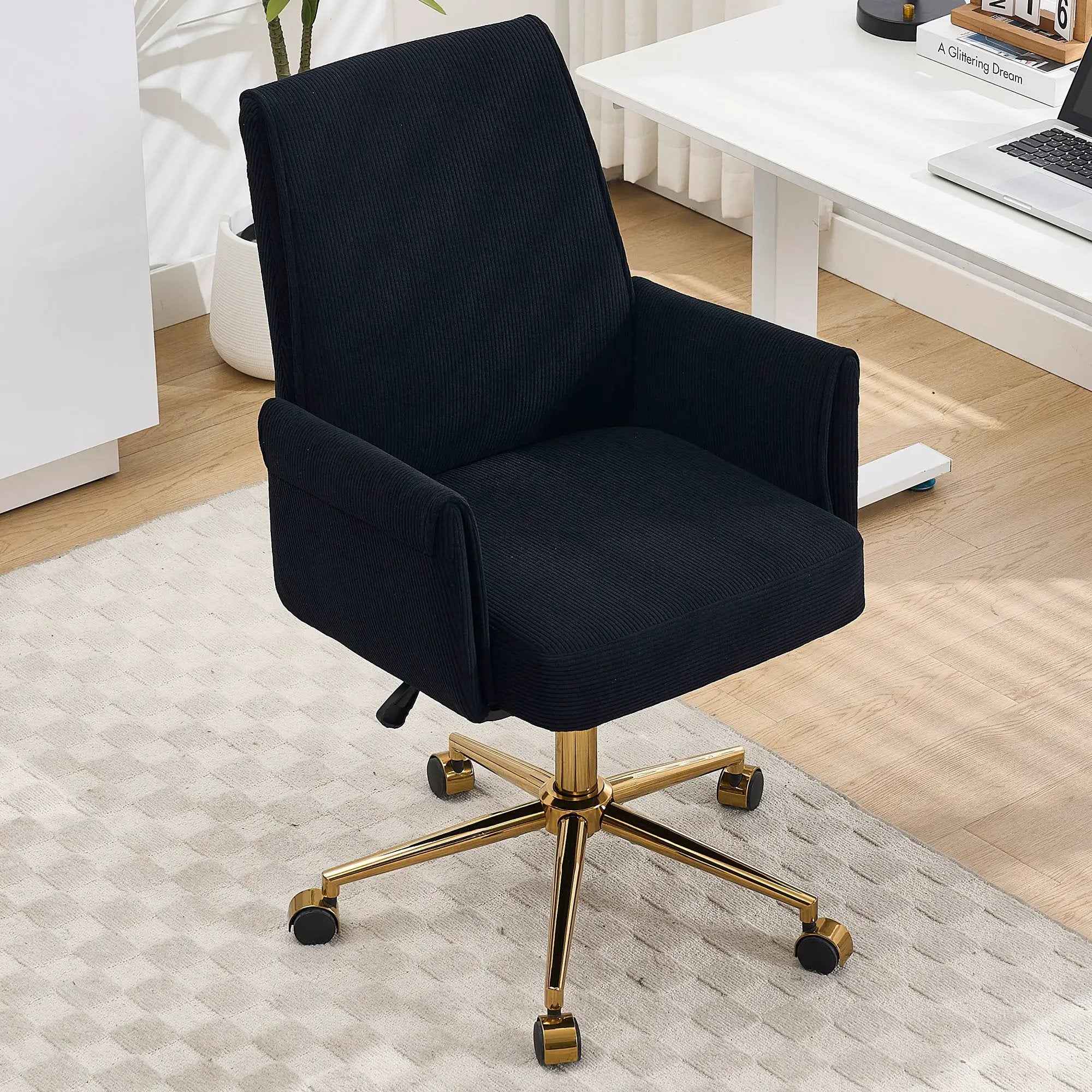 Ergonomic Black Corduroy Office Chair with Gold Base