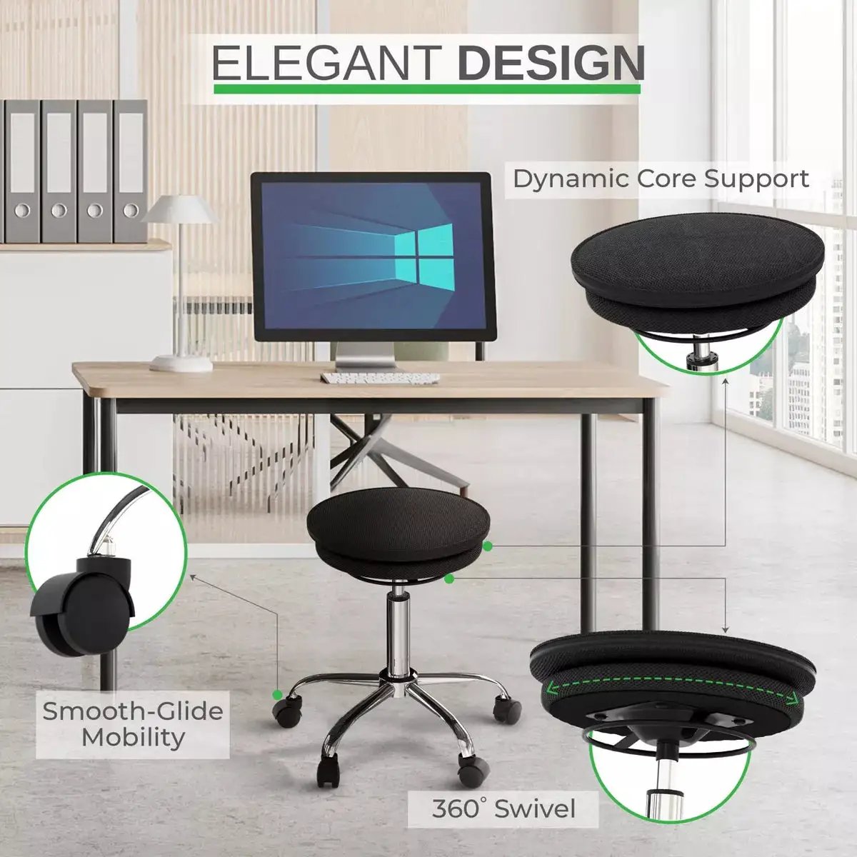 Wobble Stool Air Adjustable Office Chair Black - Uncaged Ergonomics: Rolling Balance, Core Engagement, Polyester Upholstery, Steel Frame