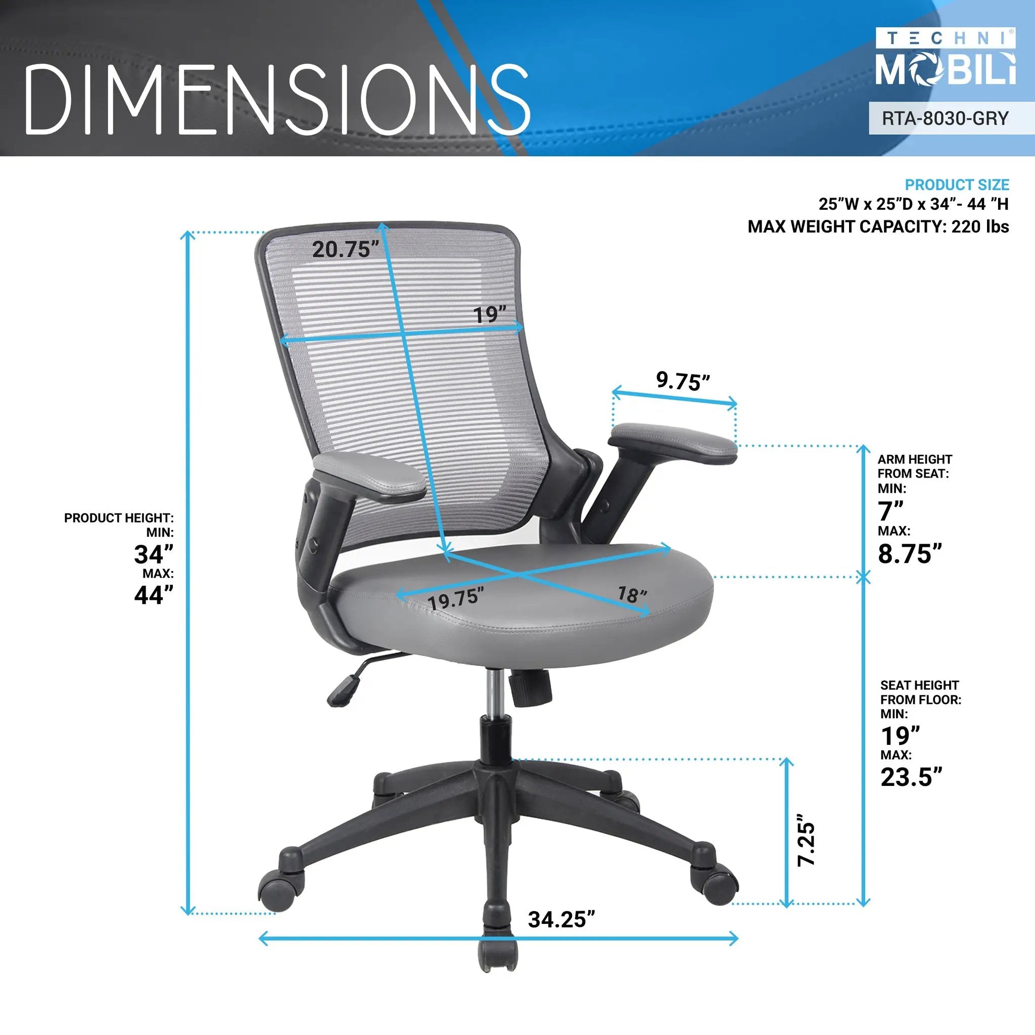 Techni Mobili mid-back mesh task office chair with height-adjustable arms, grey.