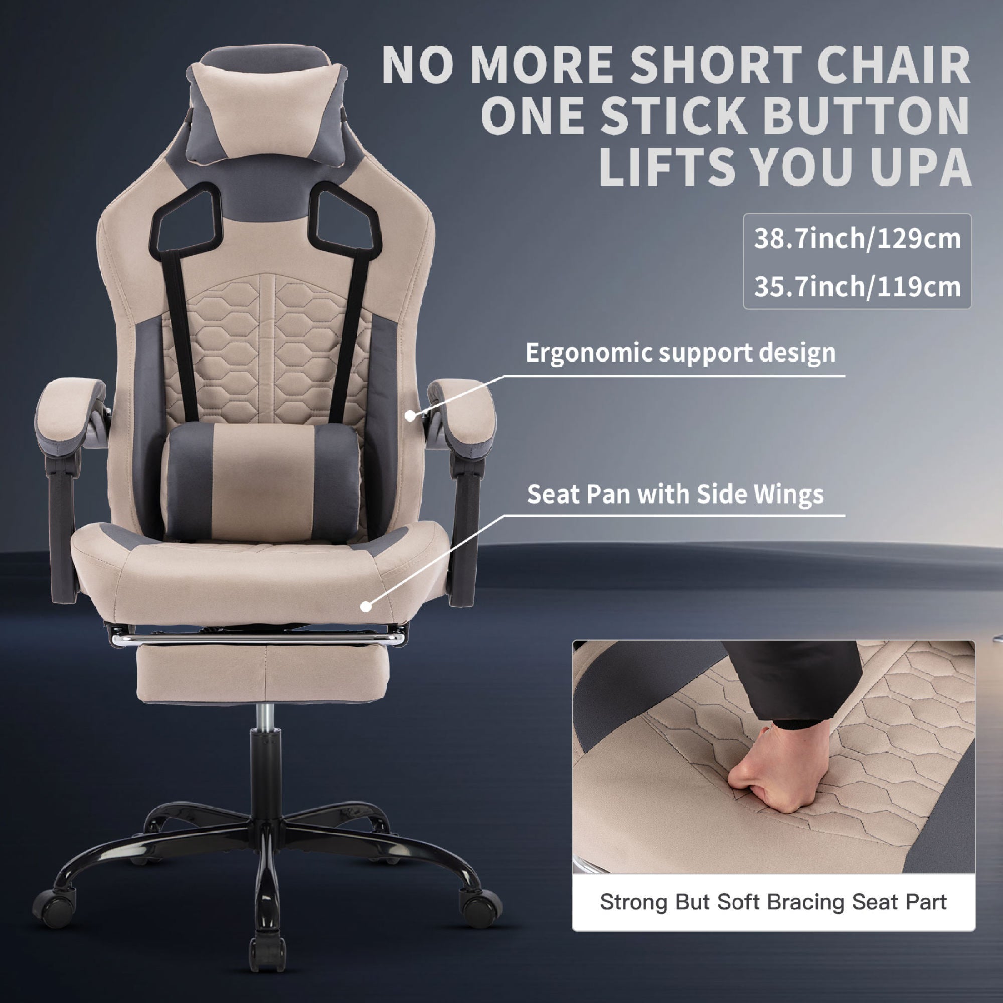 Grey PVC Leather Gaming Chair with Massage and Footrest - height adjust