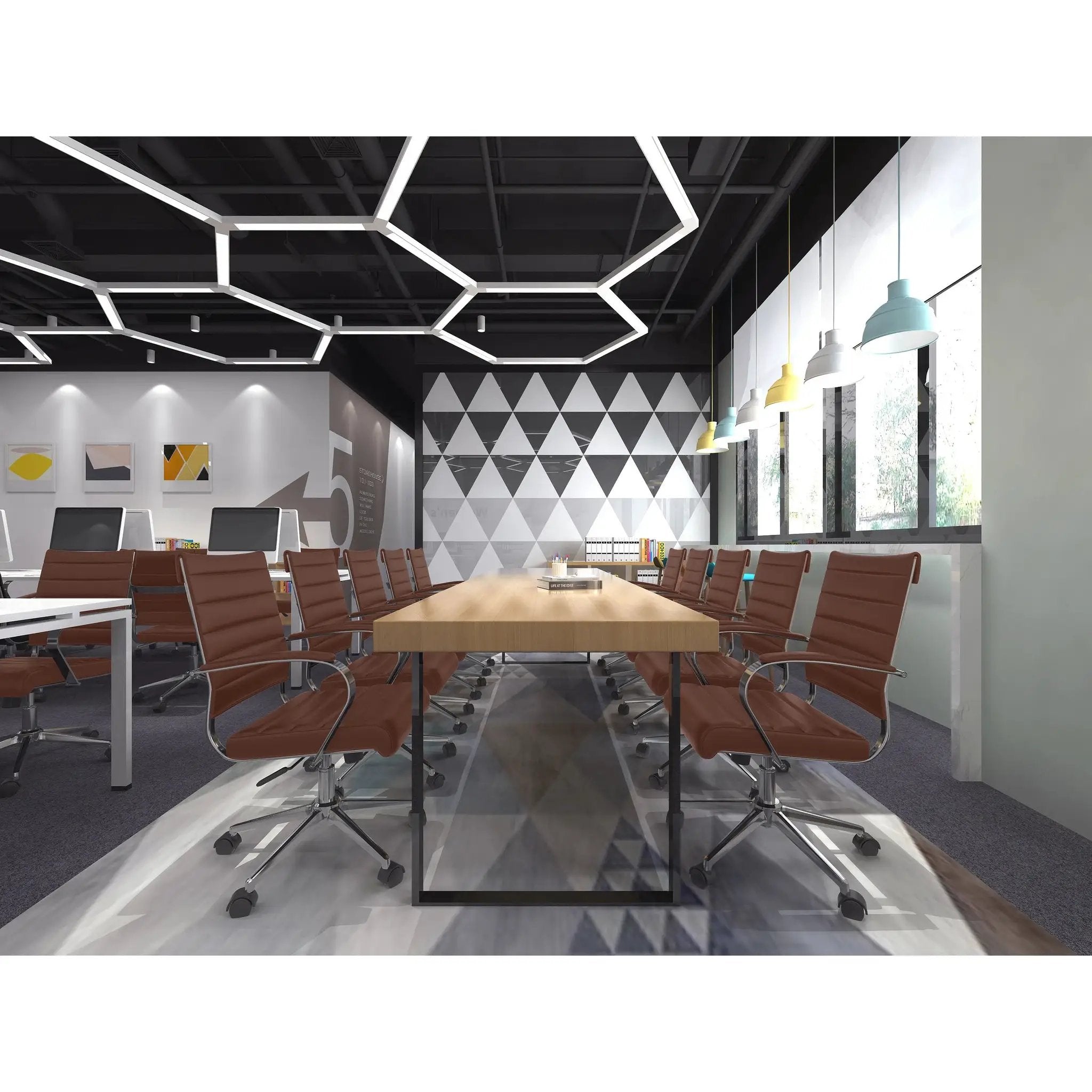 Black Office Chairs Mid Back Ribbed PU Leather Executive Task Work Conference with Arms Wheels Tilt Swivel Rolling