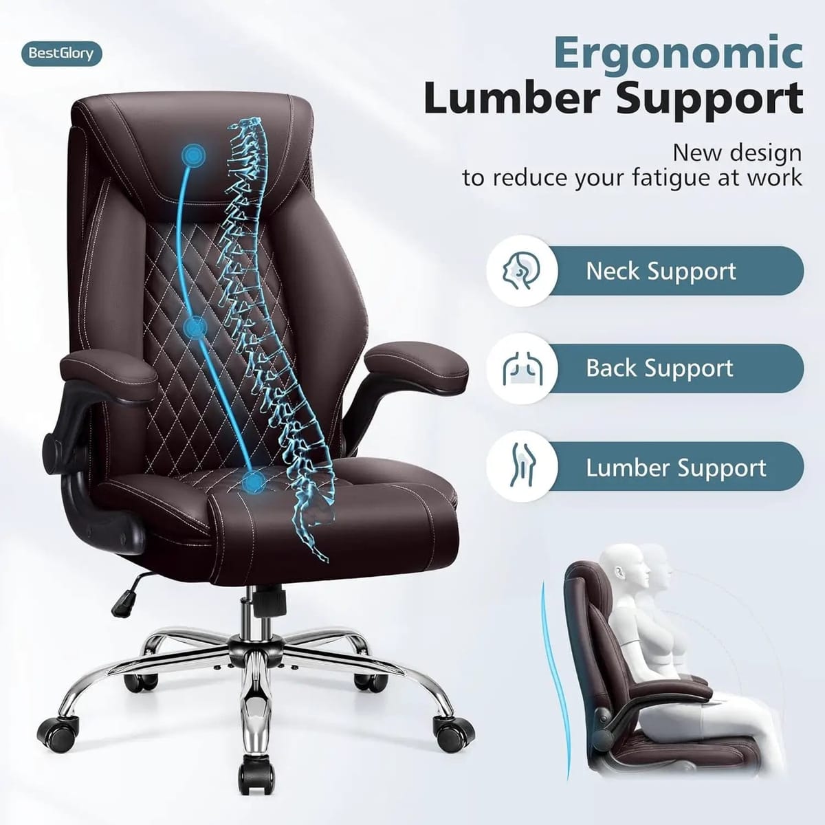 Big and tall BestGlory ergonomic office chair with high back, breathable leather, lumbar support, flip-up armrests, and rocking feature.