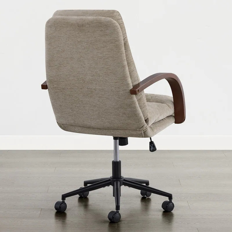 Upholstered Swivel Office Chair with Wood Arms