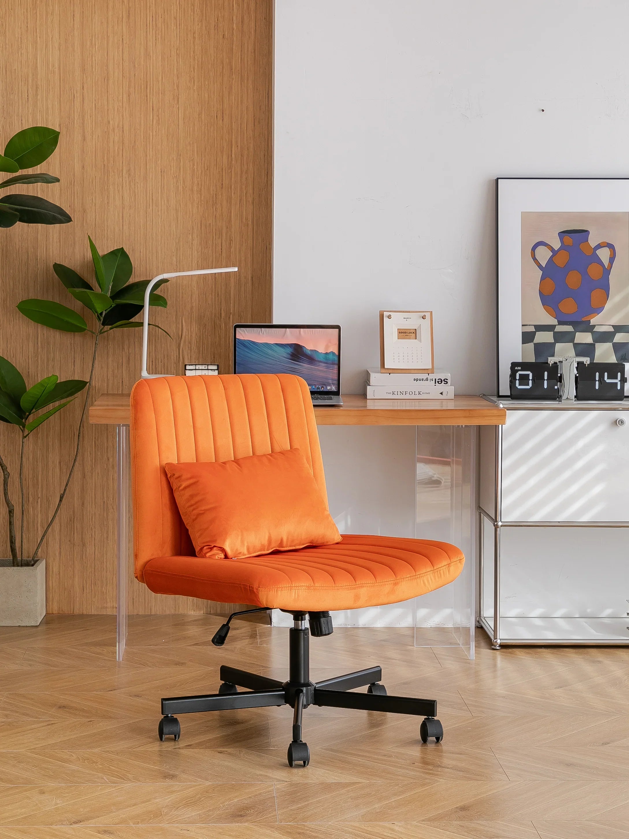 Orange Velvet Criss Cross Armless Office Chair With Wheels