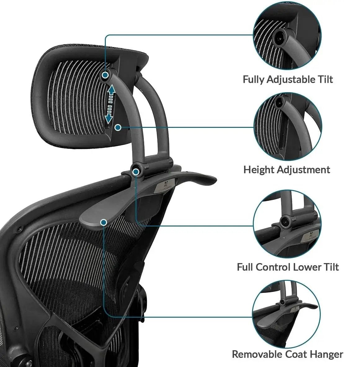 ERGOKING headrest attachment for Herman Miller Aeron with height/tilt adjust and removable coat hanger, classic color.