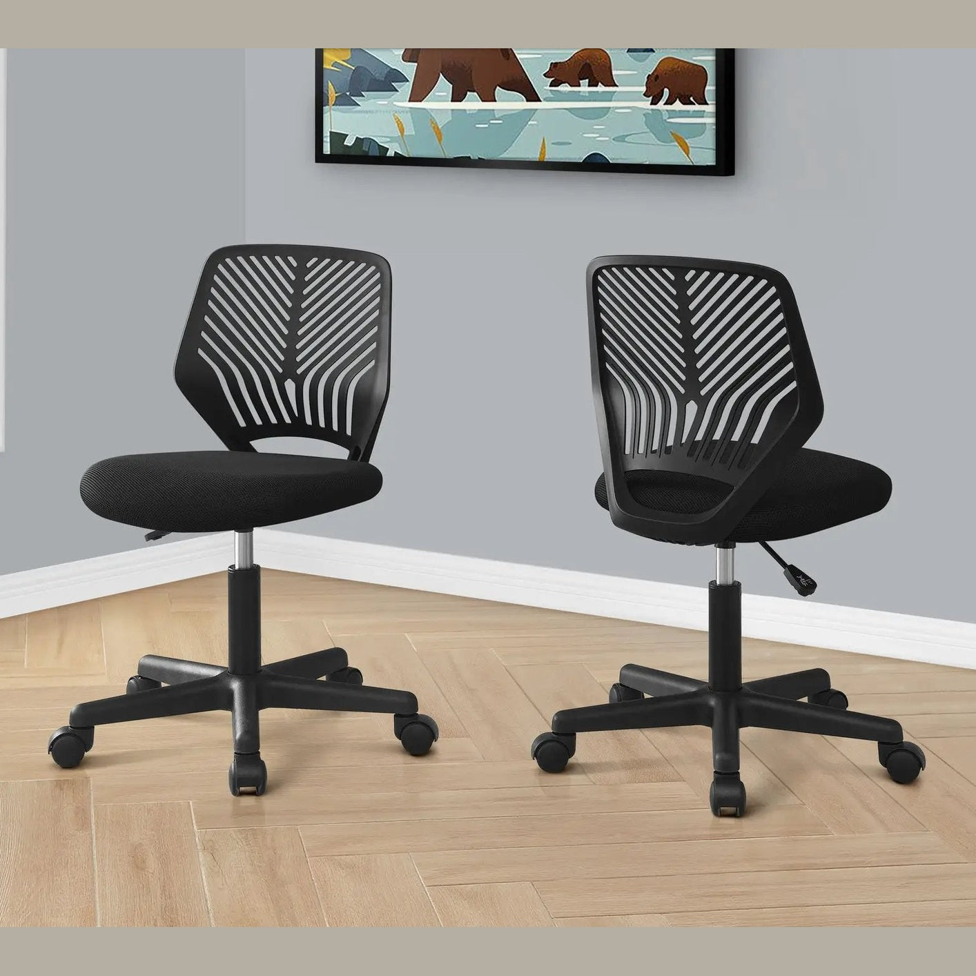 Office chairs, pair of black chairs with slotted backs and padded seats on casters