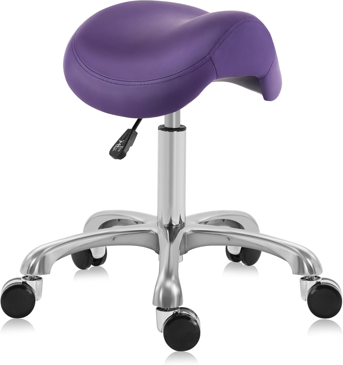 Haku 506 Series saddle stool, purple upholstery, chrome base with caster wheels