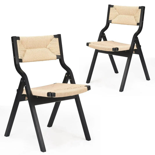 Space-Saving Wood Folding Dining Chairs - Woven Seat Set of 2 - Platinum-Level Office Chairs