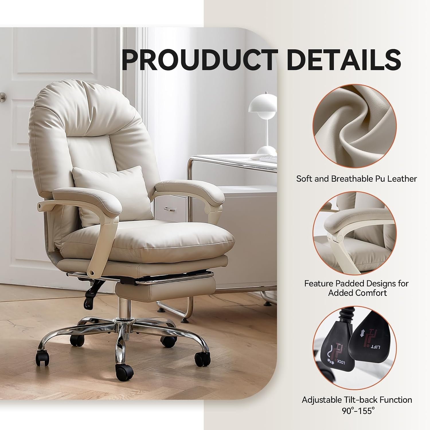 EMIAH Office Chair with Foot Rest Reclining Desk Chair Comfy, PU Leather