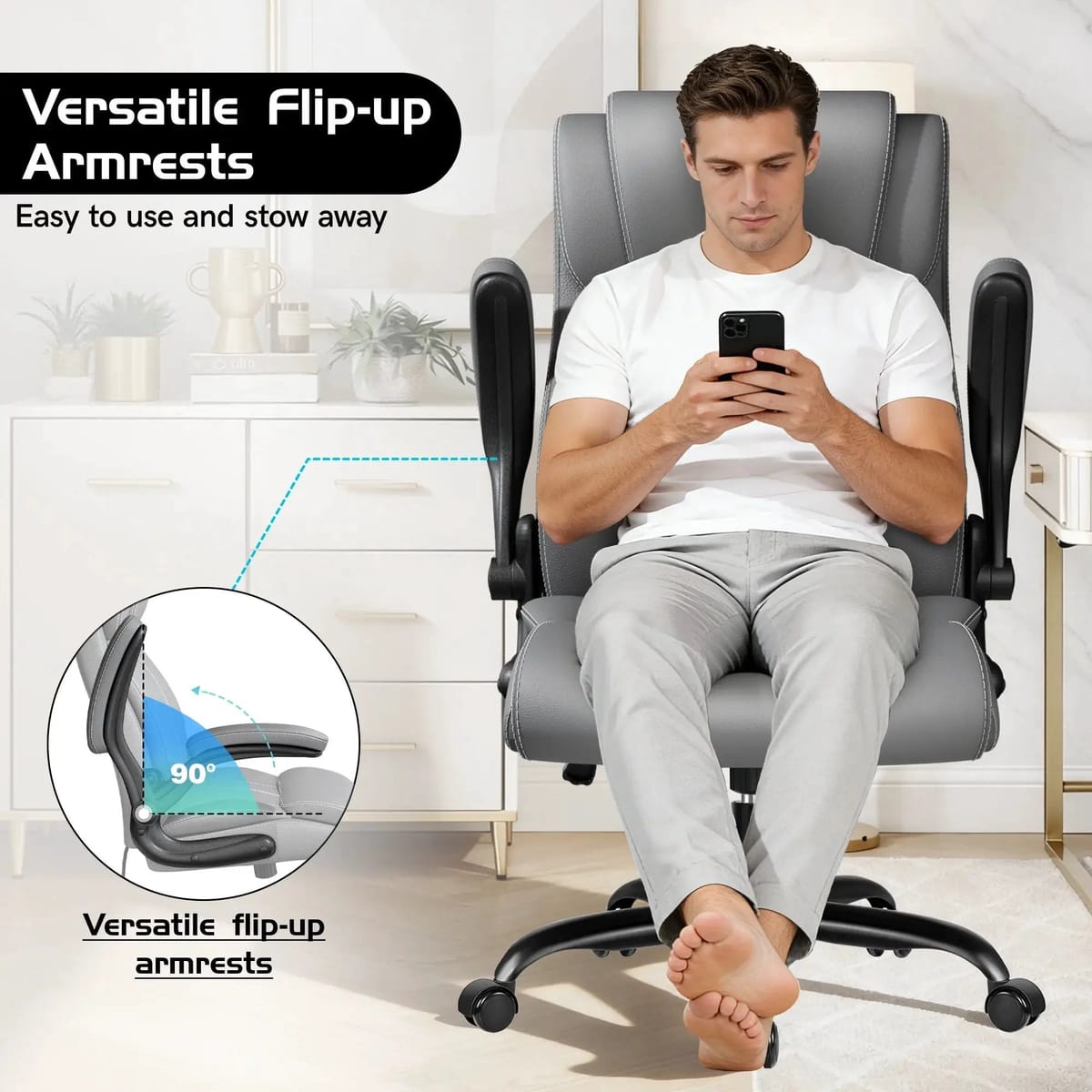 Coolhut big and tall office chair with adjustable lumbar support, high back, padded flip-up arms, light gray, heavy-duty executive desk chair