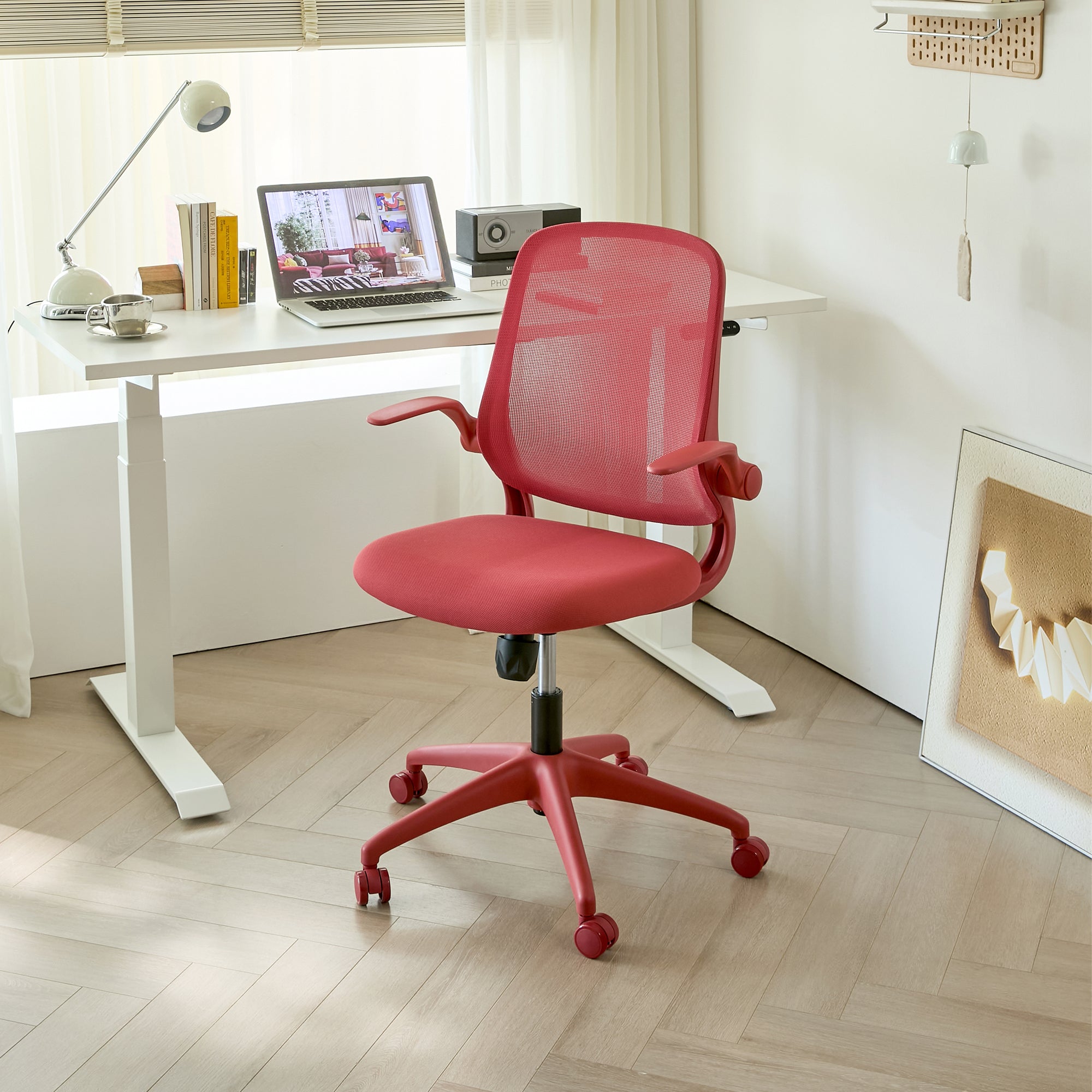 Crimson Red Mesh Task Chair, Folding Arms, Smooth Continuous Recline - Platinum-Level Office Chairs