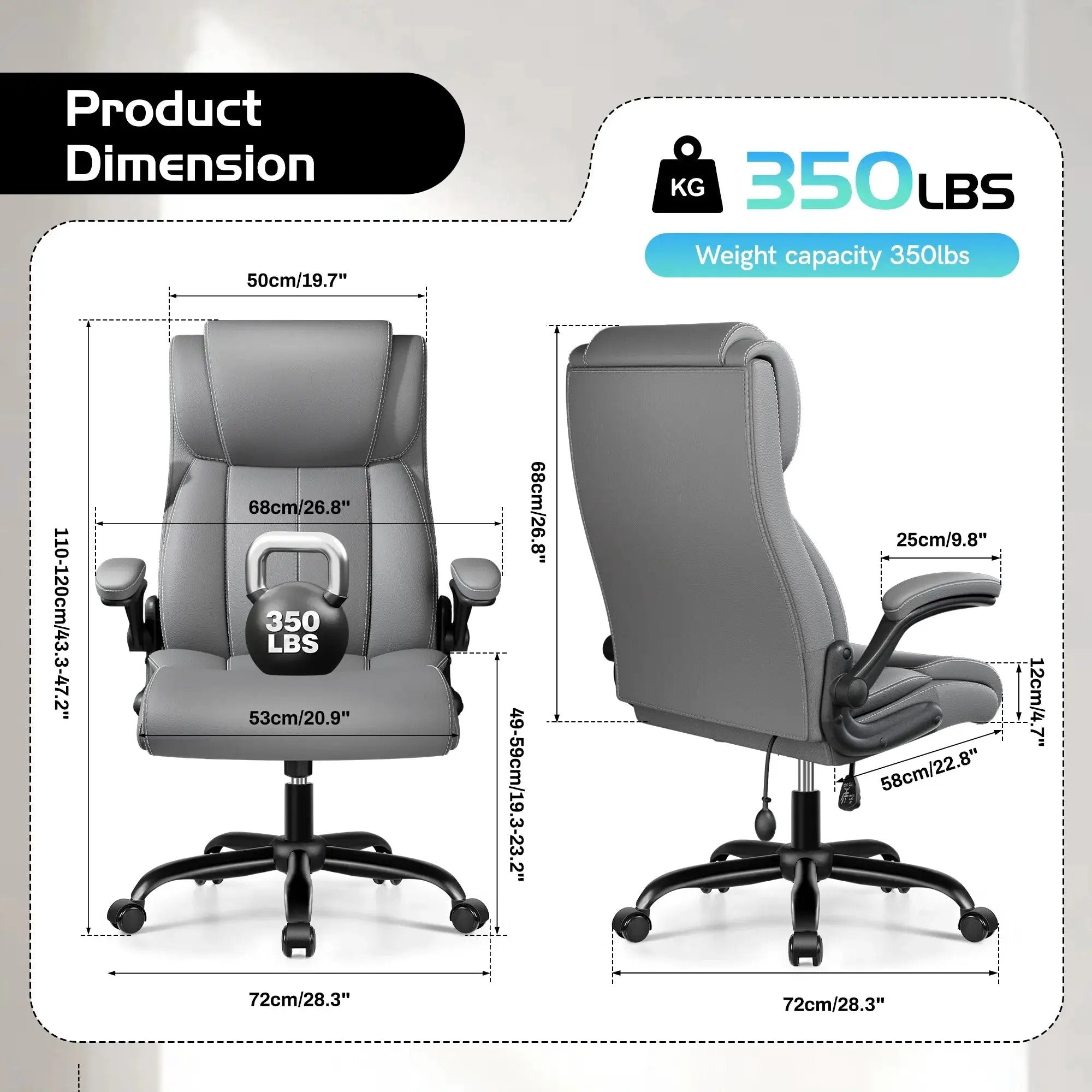 Coolhut Big and Tall Office Chair with adjustable lumbar support, padded flip-up arms, high back, light gray for heavy-duty comfort