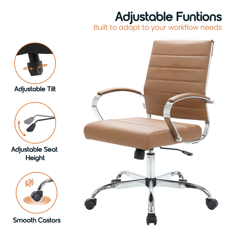 30 PCS Benmar Leather Office Desk Computer Chair with Ribbed Seat and Steel Frame - Brown