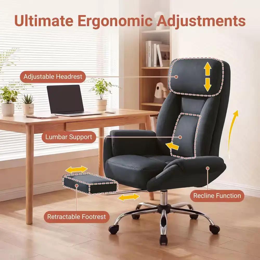 Big and Tall Velvet Footrest Office Chair in Black, Cross Legged Computer Desk Chair with Flip Adjustable Arms