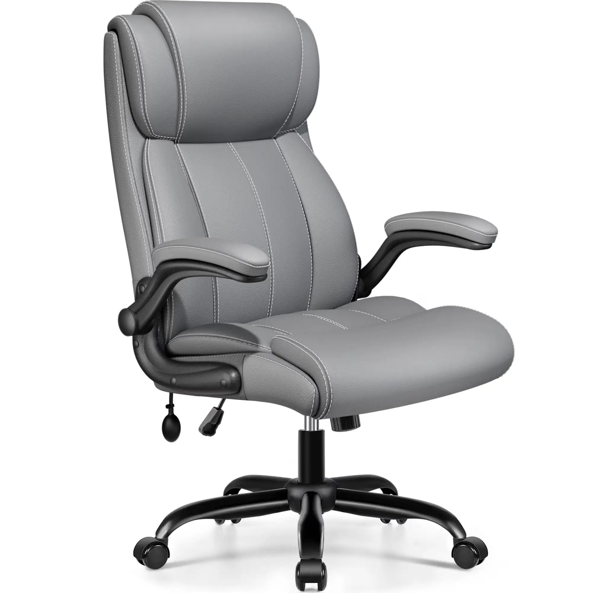 Coolhut big and tall office chair with high back, adjustable lumbar support, padded flip-up arms, light gray upholstery, heavy-duty design