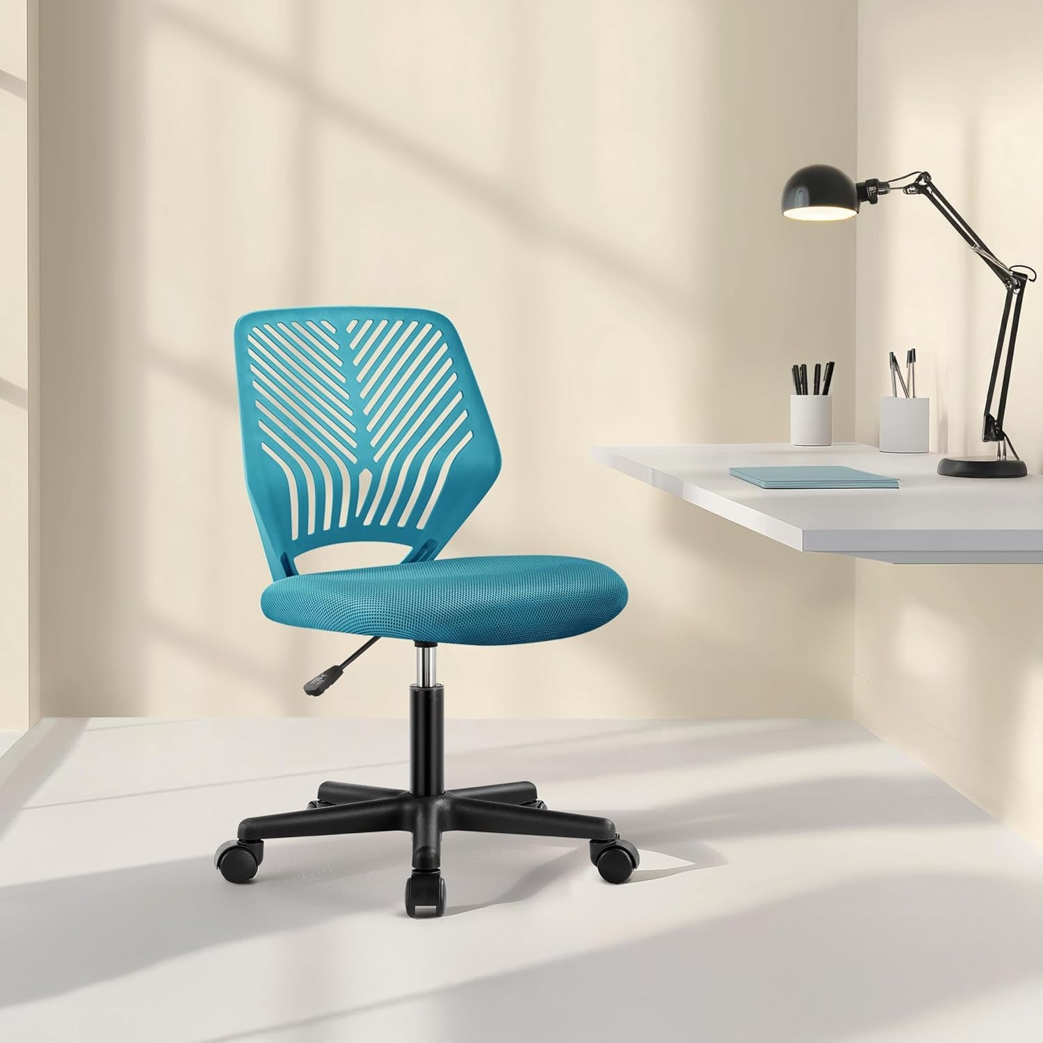 Yaheetech Small Desk Chair, Armless Adjustable Swivel Seat, Turquoise | Padded Mesh Seat and Ventilated Resin Back, Compact Armless Frame Rolls and Adjusts for Study and Small Desks, Holds 300 Lb.