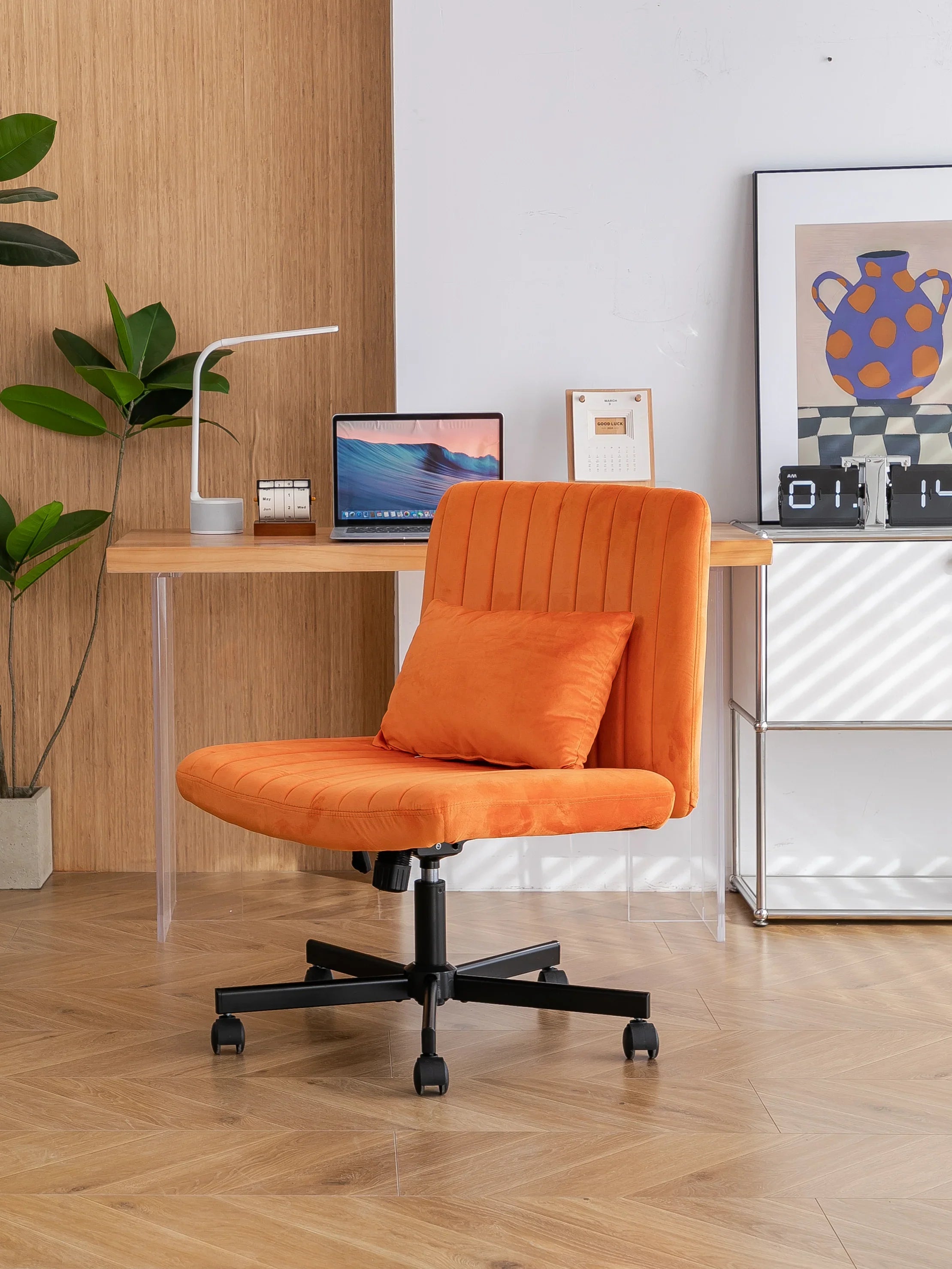 Orange Velvet Criss Cross Armless Office Chair With Wheels