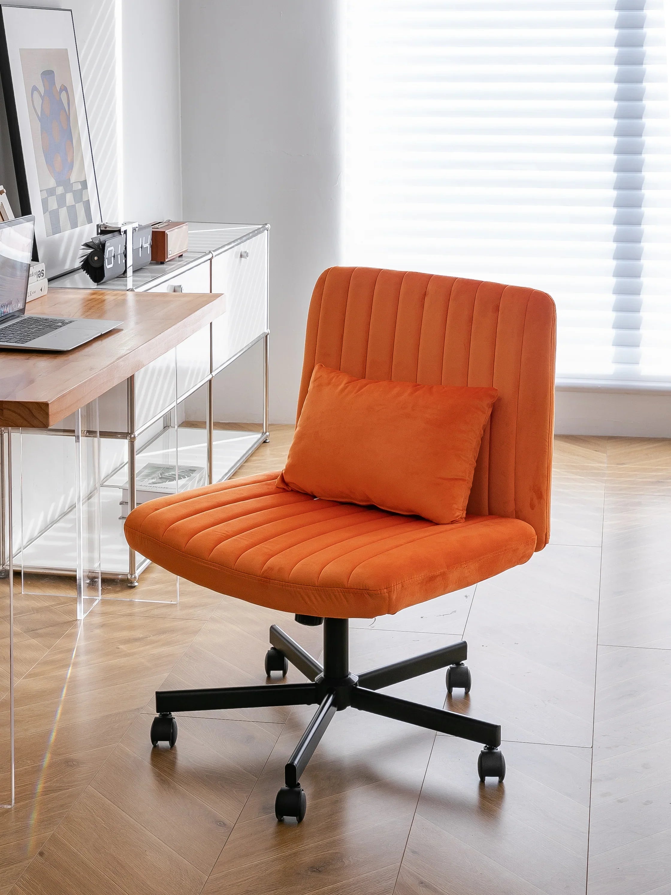 Orange Velvet Criss Cross Armless Office Chair With Wheels