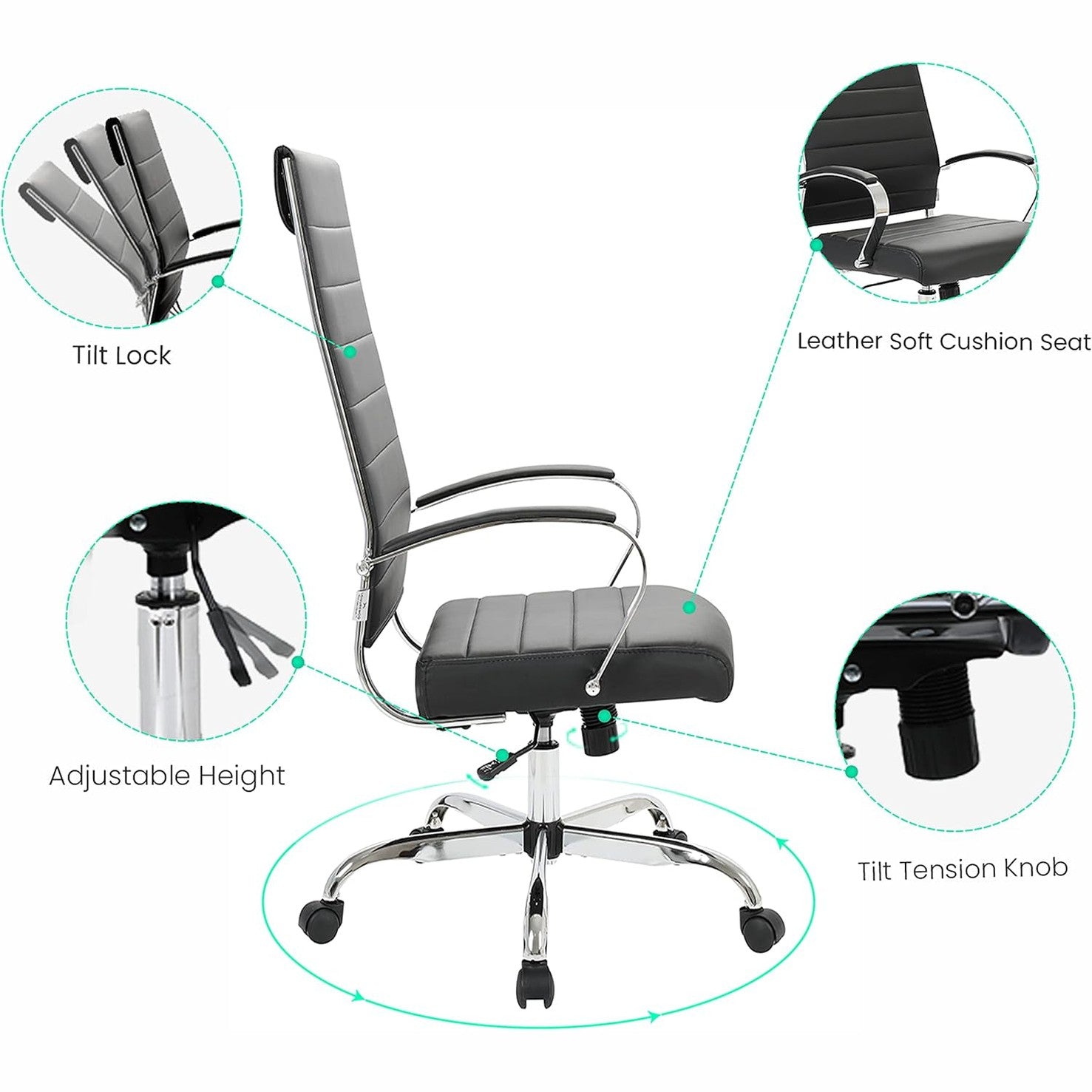 Leisuremod Benmar Modern High-Back Office Chair, 360-Degree Adjustable Swivel Task Furniture in Leather Upholstery with Ribbed Backrest for Home and Office