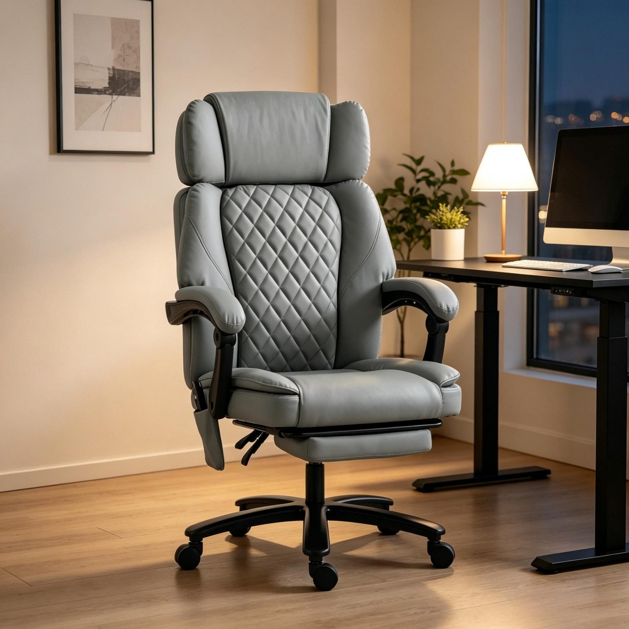 Light Gray Reclining Massage Office Chair, Heat & Headrest