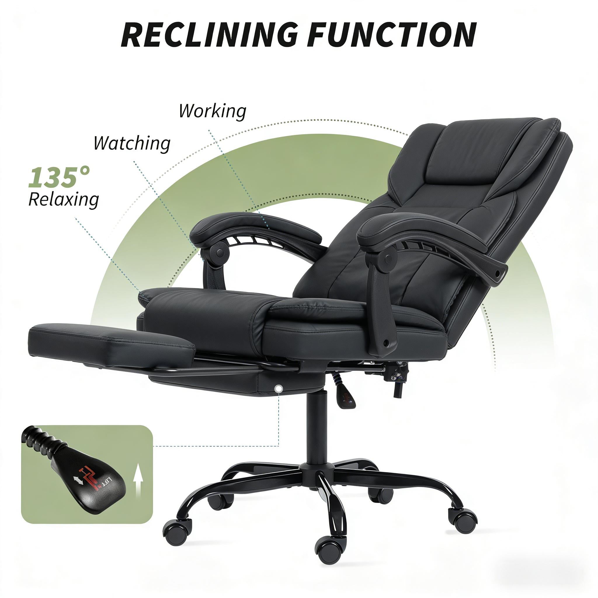 Black faux leather reclining office chair with retractable footrest