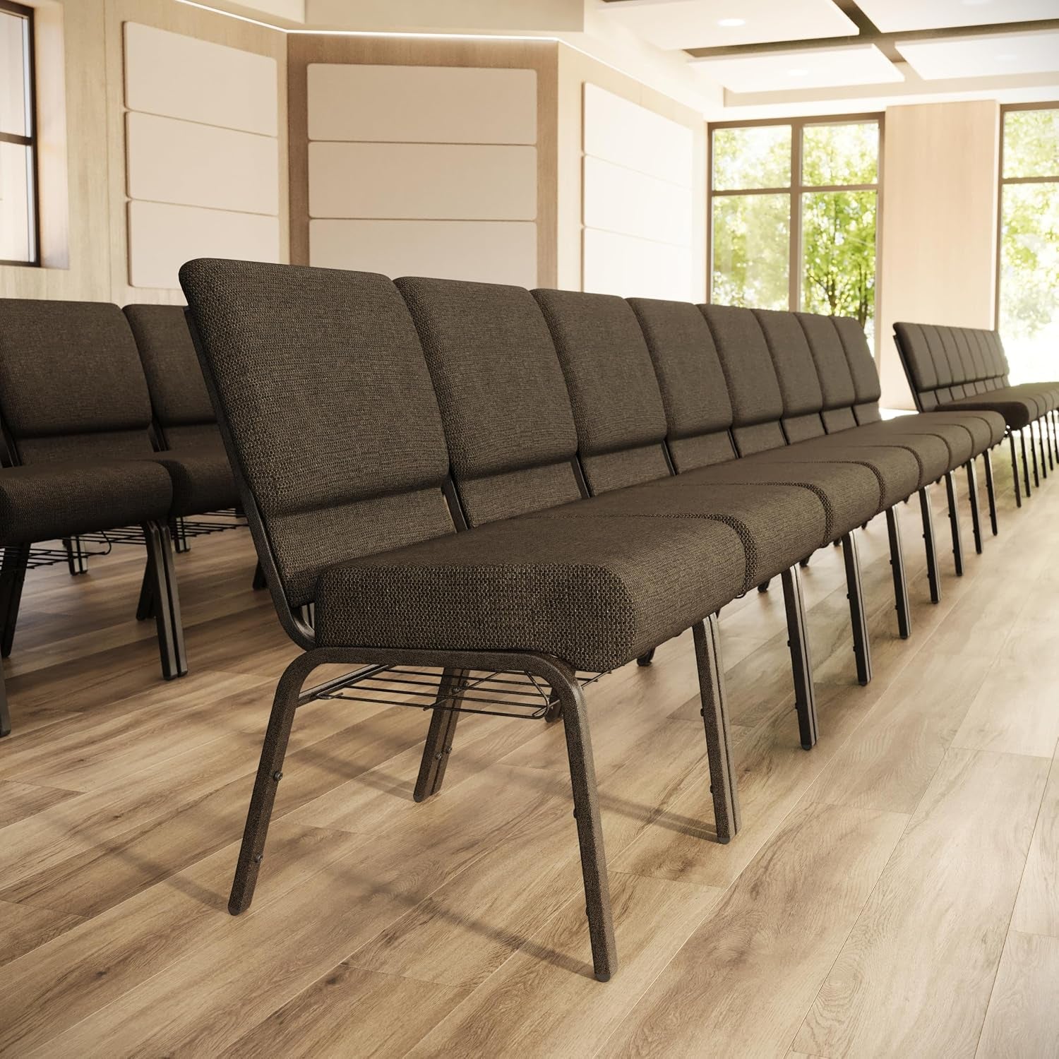 Flash Furniture 4 Pack HERCULES Series 21''W Church Chair in Brown Fabric with Cup Book Rack - Gold Vein Frame
