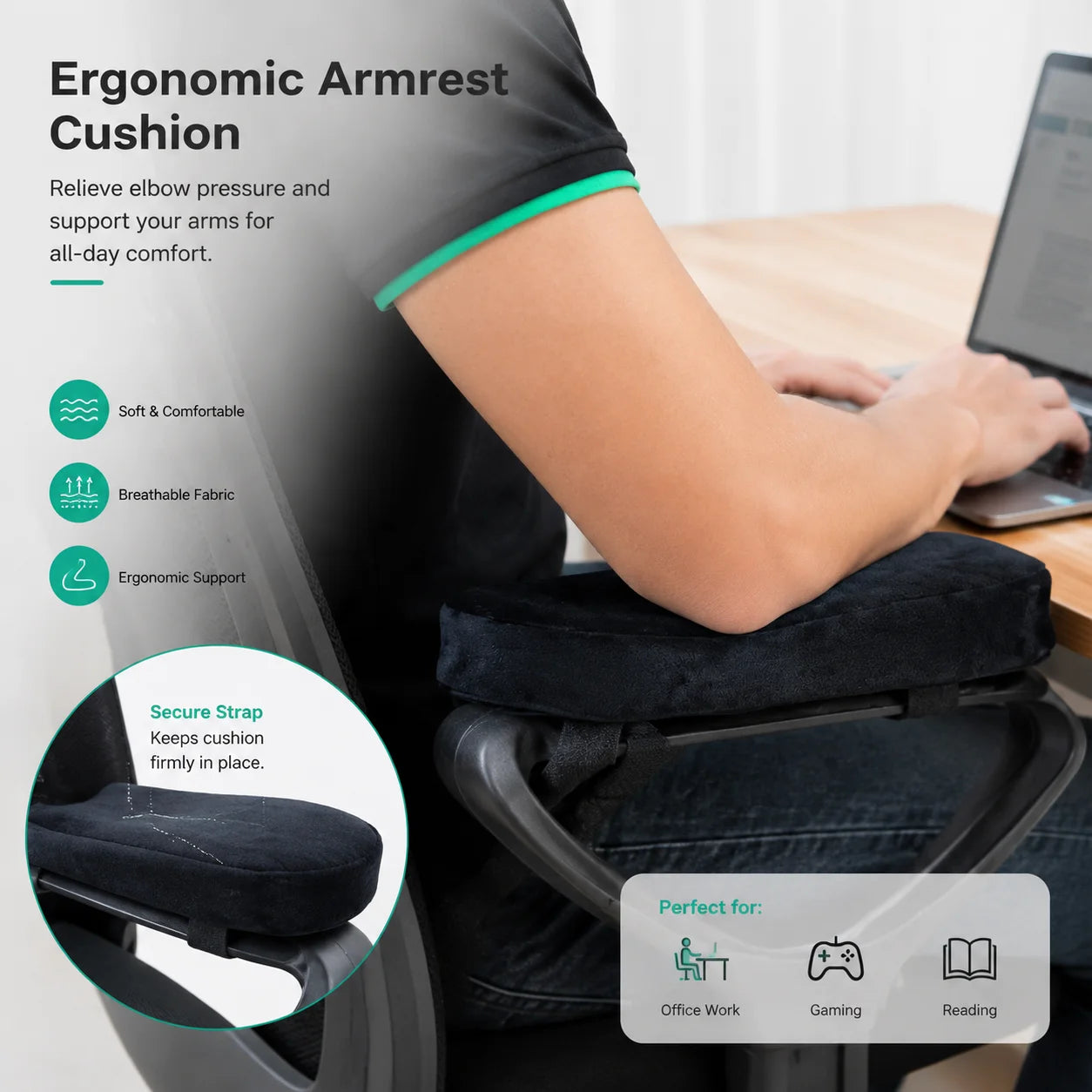 2 Pack Adjustable Strap Arm Cushion, Thick Memory Foam Office Chair Armrest Cushion, Soft Plush Elbow Support Arm Pad, Universal Gaming Chair Arm Rest Pillow Desk Chair Arm Covers