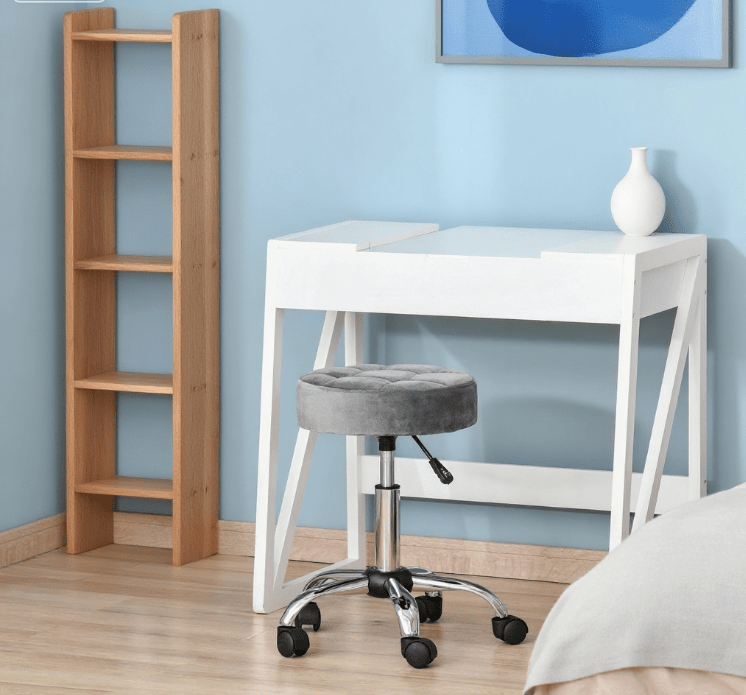 Grey Rolling Vanity Stool, Round Height Adjustable Office Stool - Platinum-Level Office Chairs