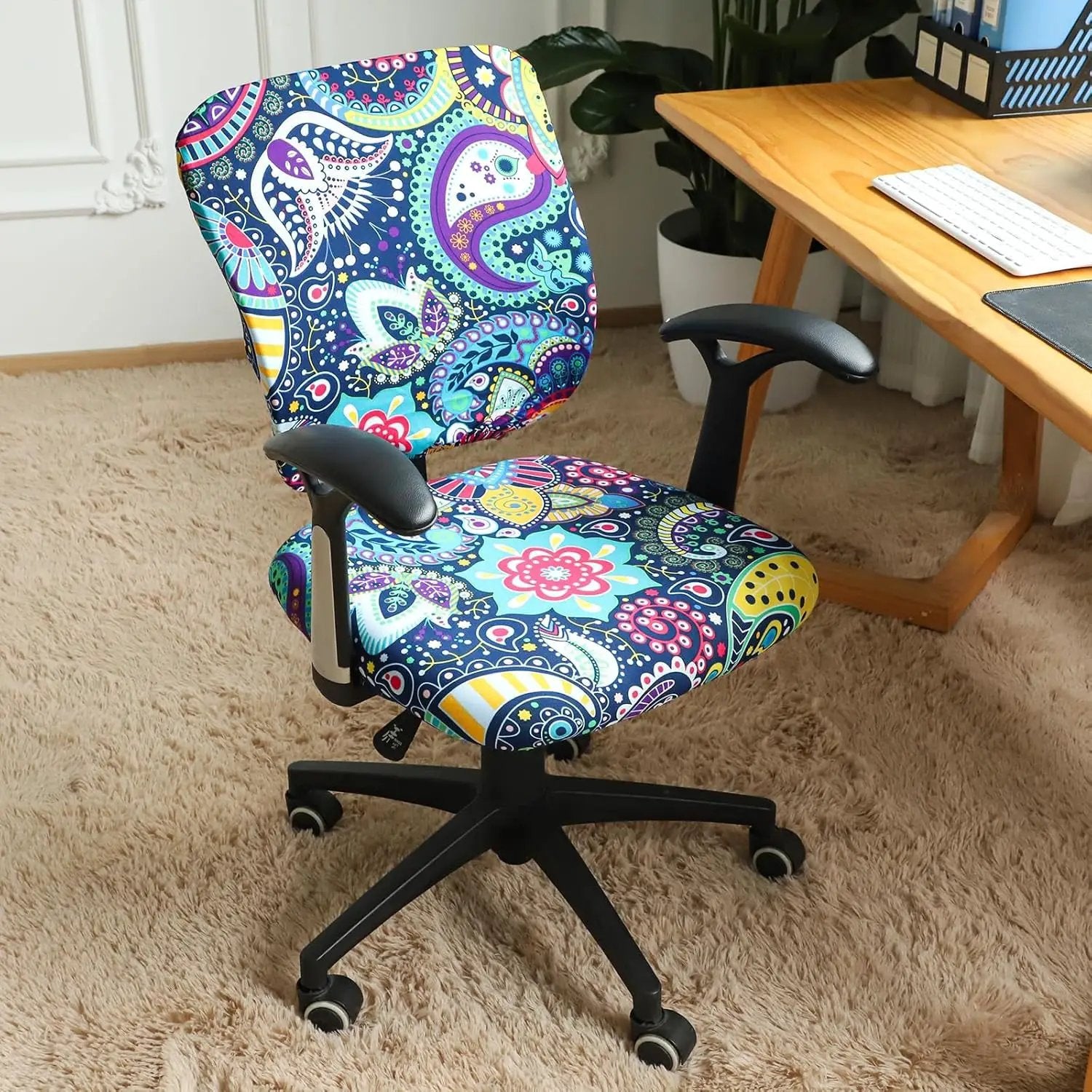 FORCHEER boho stretch desk chair cover set with seat and backrest, designed for office chairs, two-piece stretch fit.
