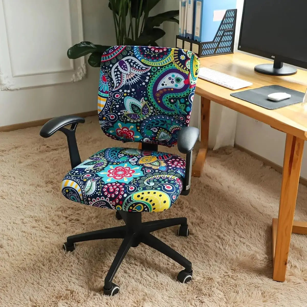 FORCHEER stretch boho desk chair cover with seat and backrest, designed for office chairs, two-piece set in stylish pattern