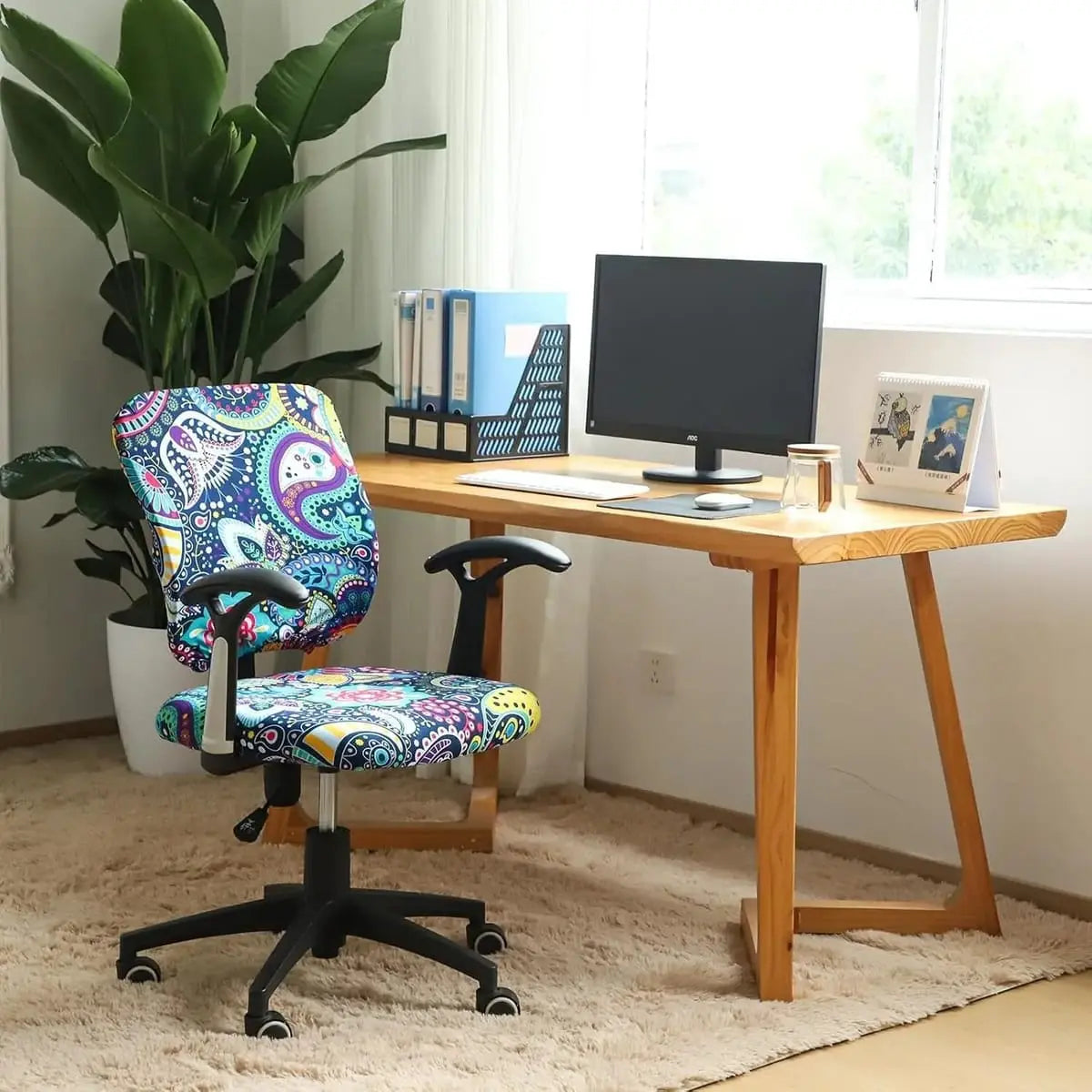 FORCHEER stretch boho desk chair cover set with seat and backrest, designed for office chairs, featuring a colorful boho pattern.