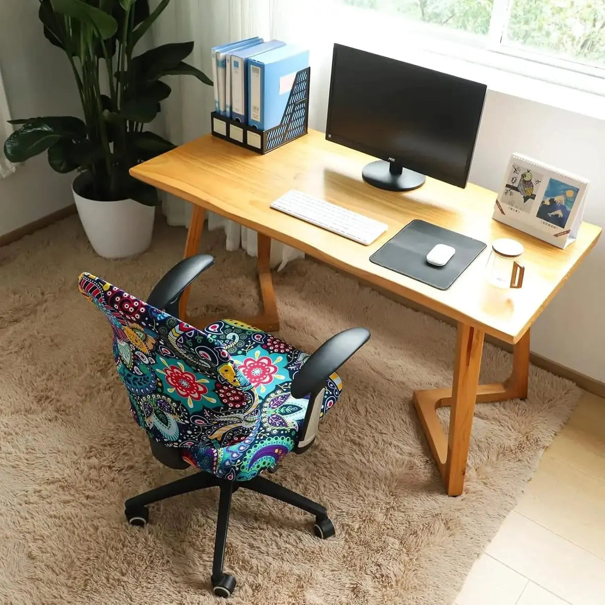 FORCHEER boho stretch desk chair cover set with seat and backrest, stylish two-piece office chair cover for a modern look