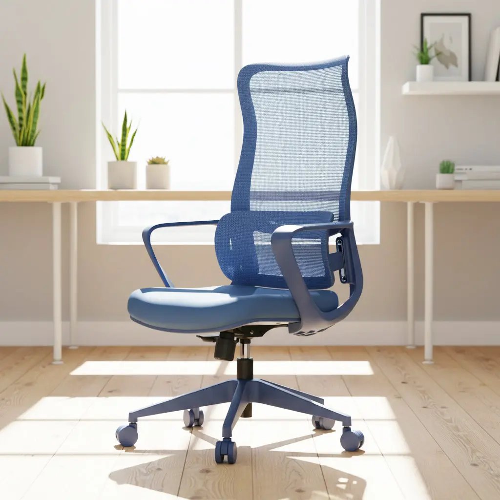 Blue GiGA ergonomic mesh office chair with adjustable lumbar support and padded armrests for comfortable seating.