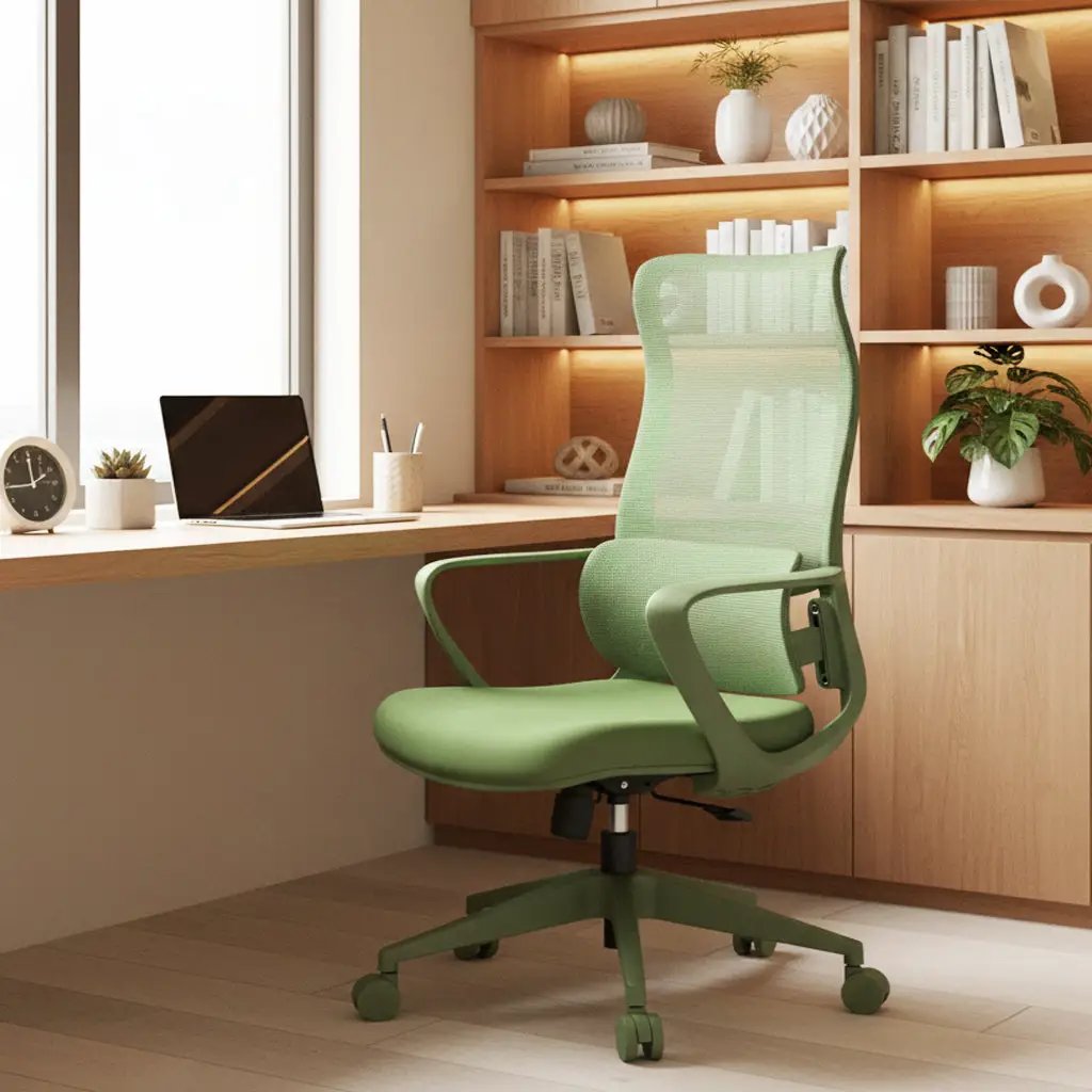 Green GiGA ergonomic mesh office chair with adjustable lumbar support, featuring a comfortable ergonomic design and breathable mesh fabric.