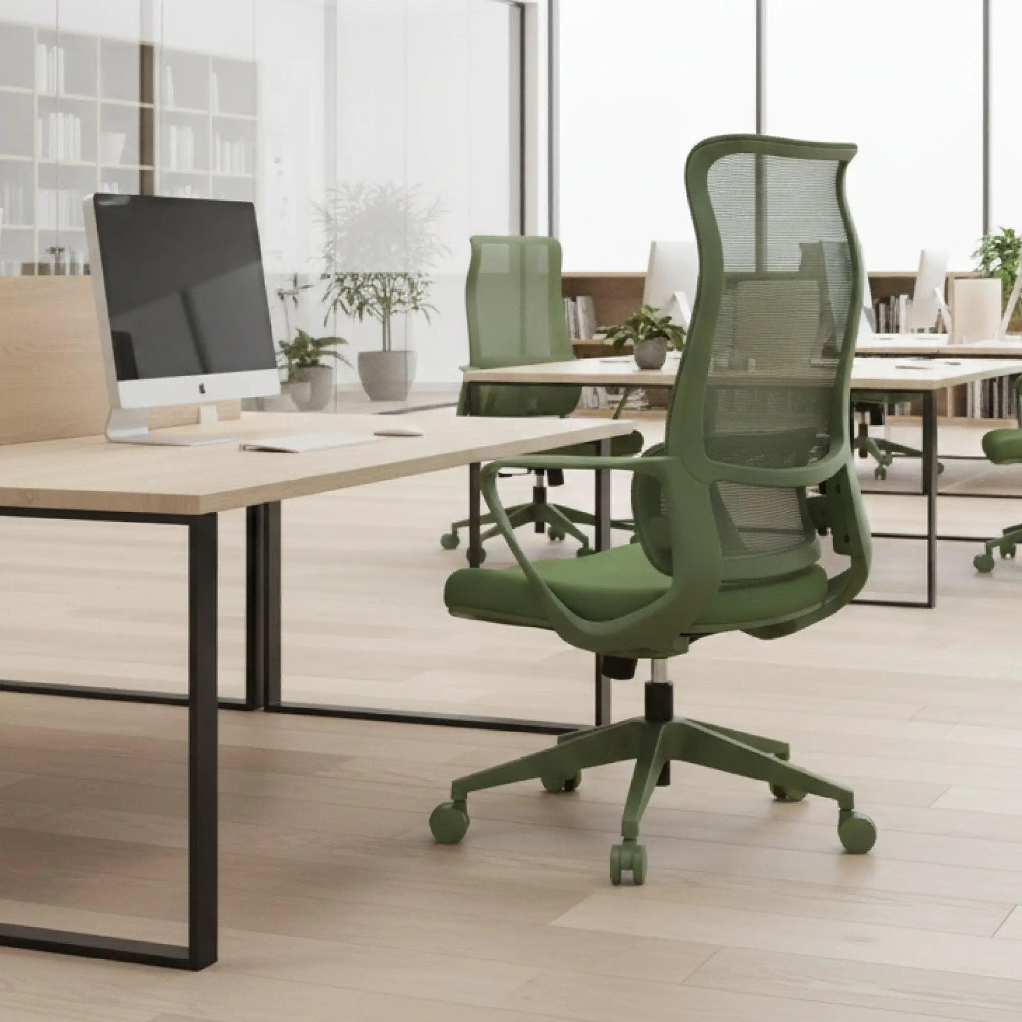 Green GiGA ergonomic mesh office chair with adjustable lumbar support, breathable design, and ergonomic features for comfort.