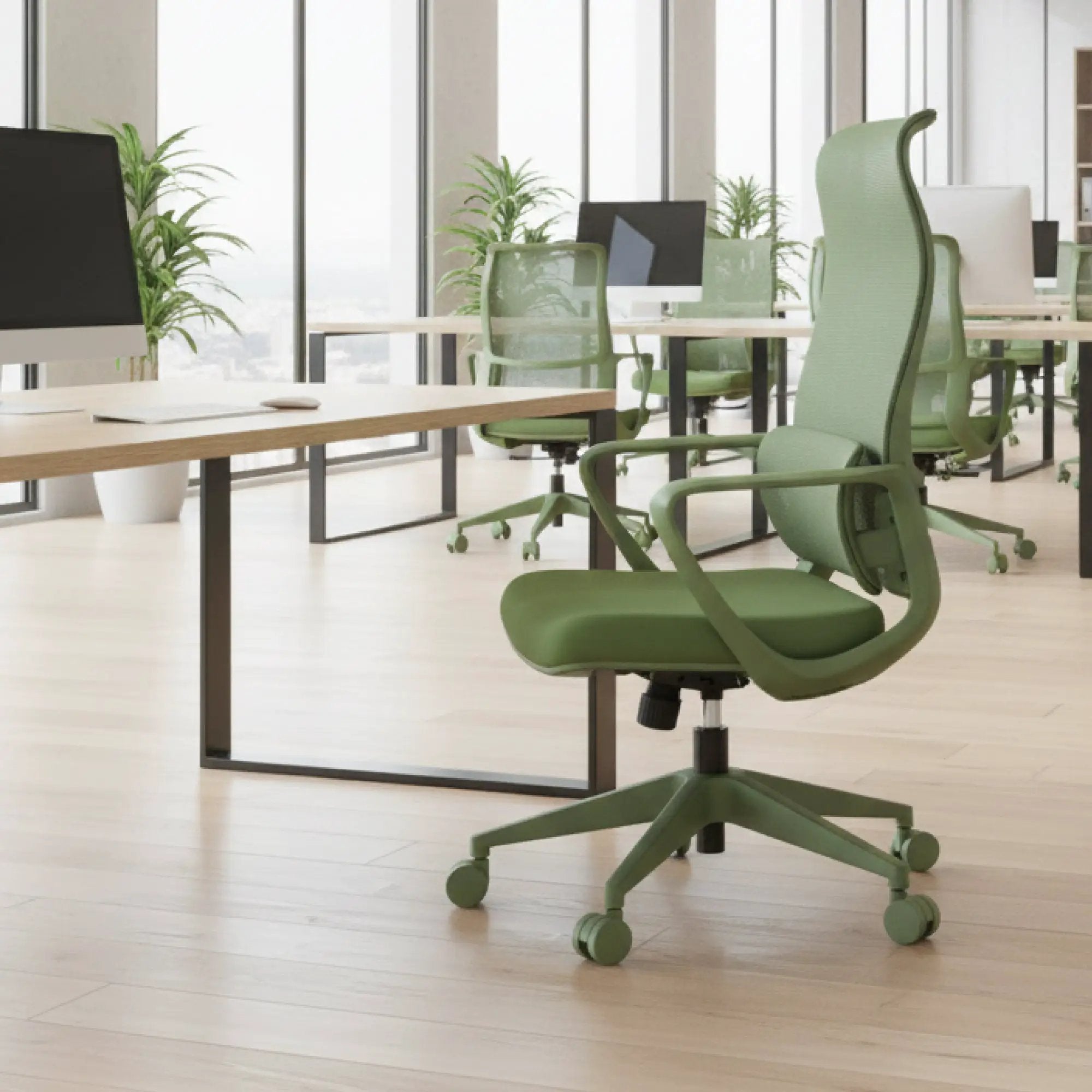Green GiGA ergonomic mesh office chair with adjustable lumbar support, designed for comfort and ergonomic support.