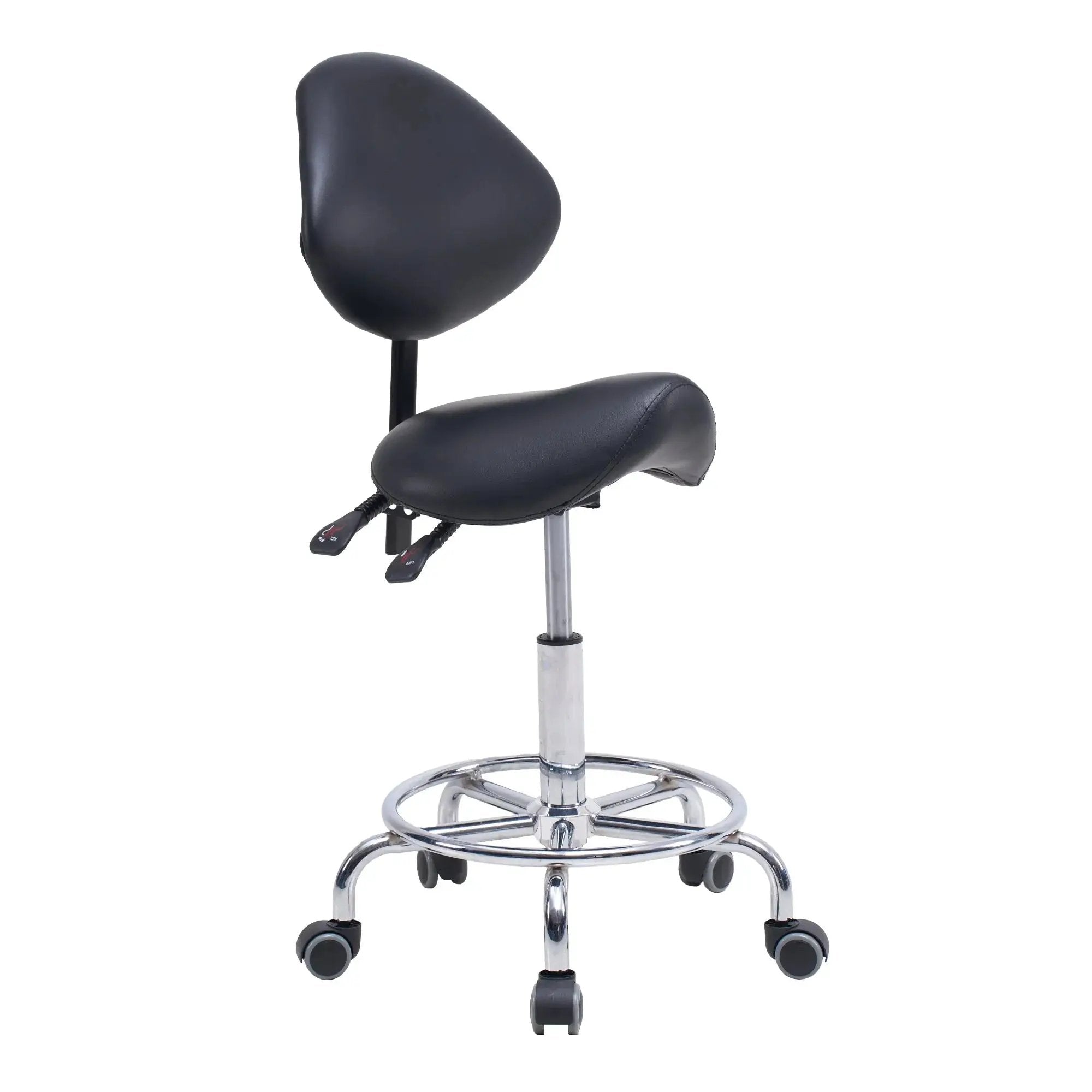 GiGA ergonomic saddle stool office chair with backrest, swivel base, hydraulic tilt, and wheels for comfort and mobility.