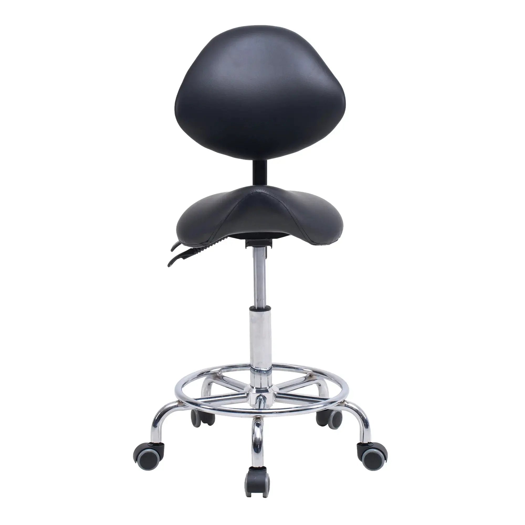 GiGA ergonomic saddle stool chair with backrest, swivel seat, hydraulic tilt, and wheels for office use.