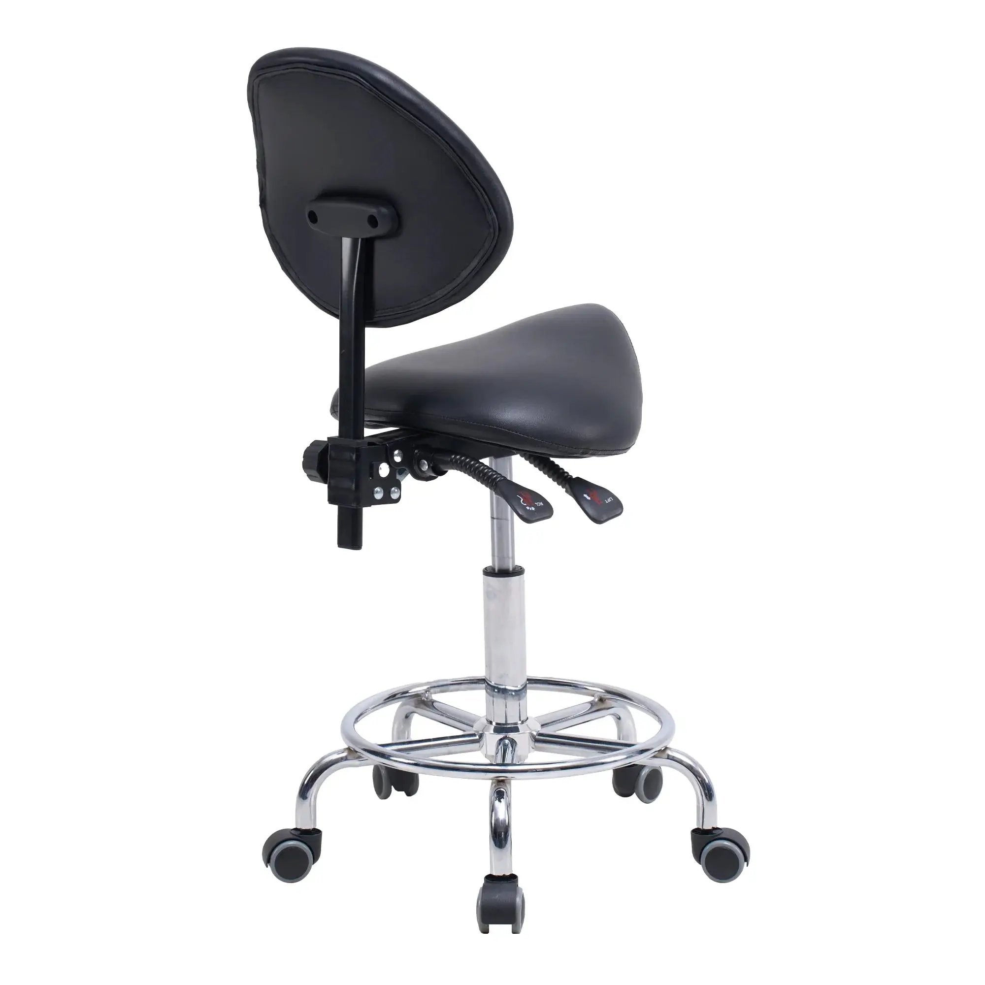Ergonomic saddle stool chair by GiGA with backrest, swivel base, hydraulic tilt, and wheels, designed for office comfort and support.