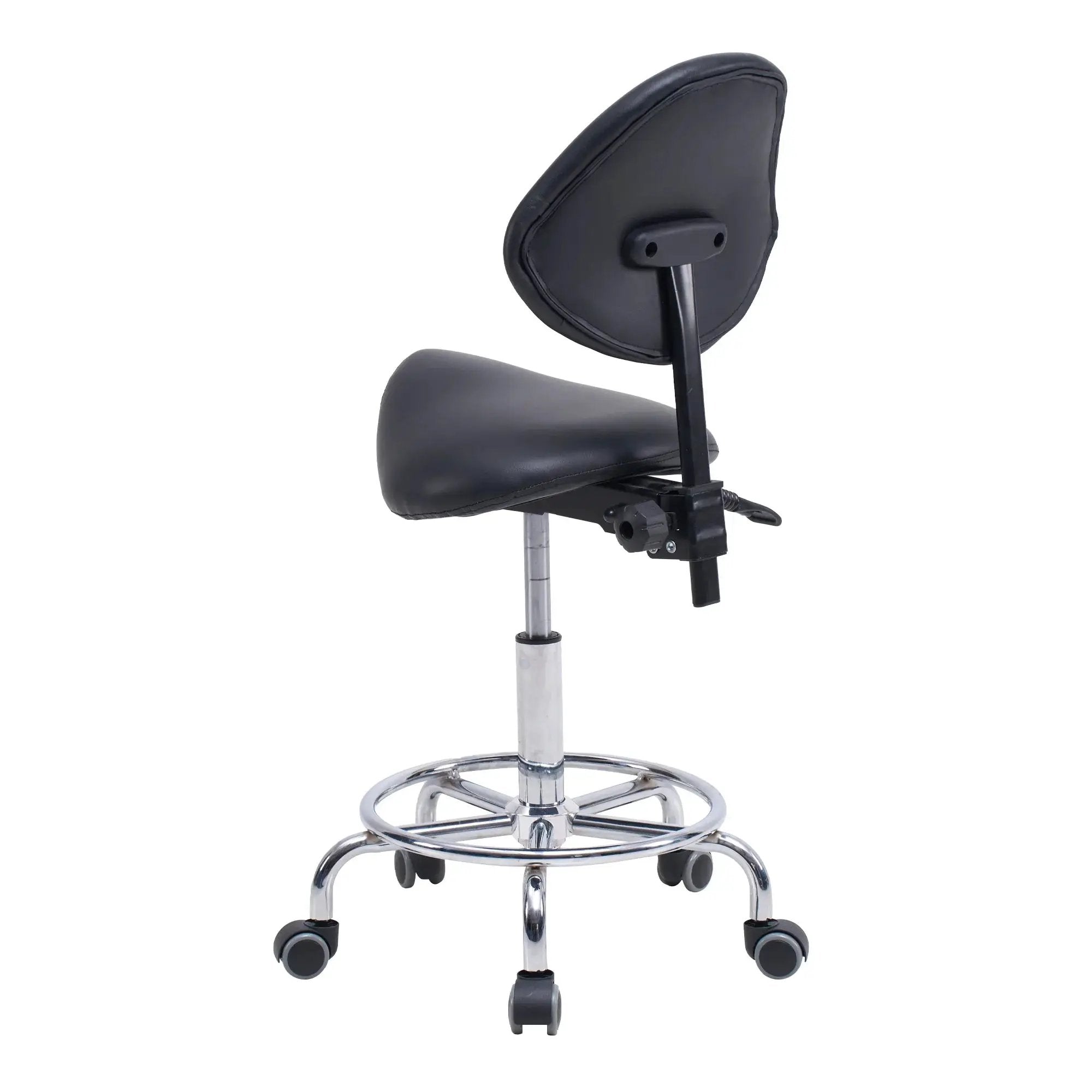 GiGA ergonomic saddle stool chair with backrest, swivel, hydraulic tilt, and wheels, designed for office comfort and support.