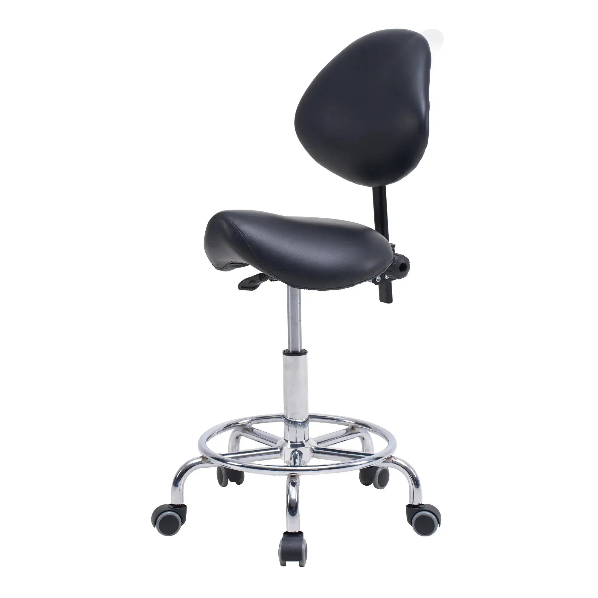 GiGA ergonomic saddle stool chair with backrest, swivel seat, hydraulic tilt, and wheels, designed for office comfort.